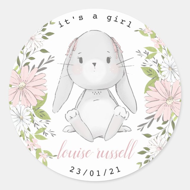 Sticker Rond baby shower floral bébé lapin (Devant)
