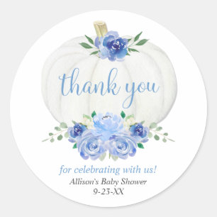 Sticker Rond Baby shower floral blanc bleu de garçon de