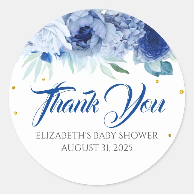 Sticker Rond Baby shower Floral bleu Merci (Devant)