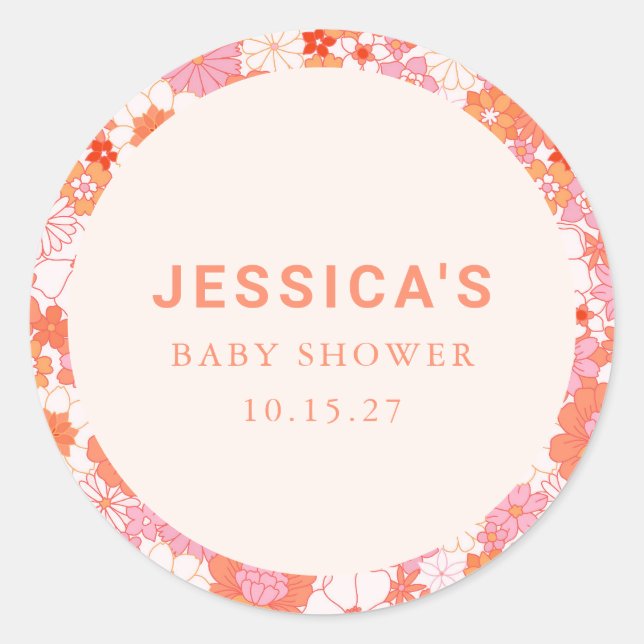 Sticker Rond Baby shower Floral Boho rose orange rétro (Devant)