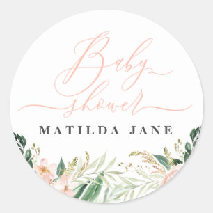 Sticker Rond Baby shower floral d'aquarelle rose vif