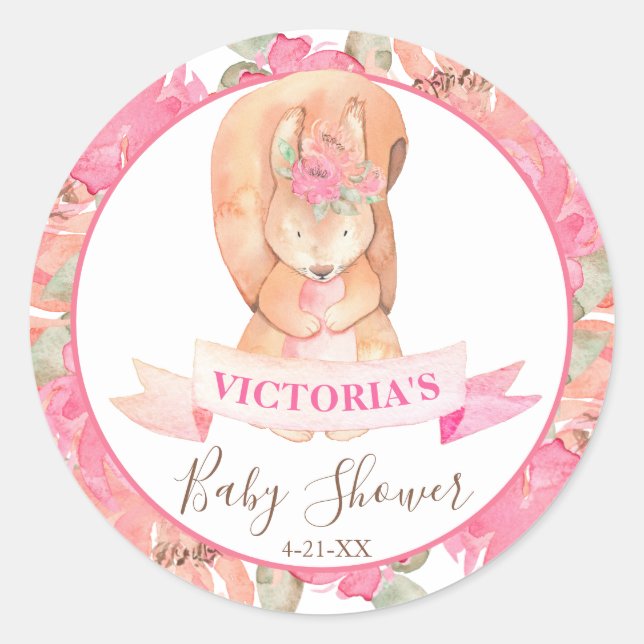 Sticker Rond Baby shower Floral de l'écureuil boho en bois doux (Devant)