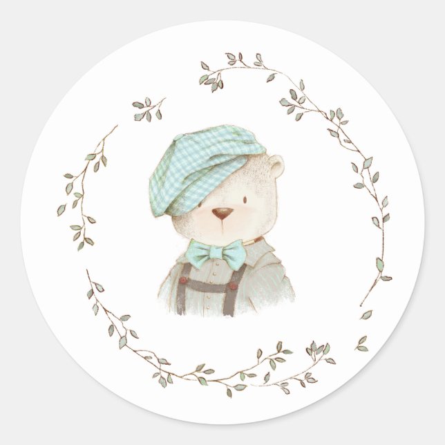 Sticker Rond Baby shower floral de l'ours en peluche (Devant)