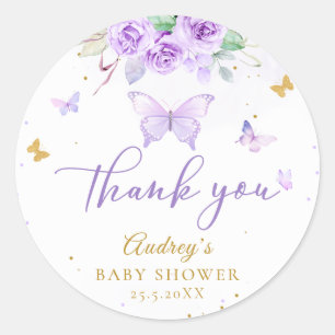 Sticker Rond Baby shower Floral de papillon d'or violet