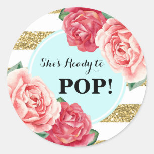 Sticker Rond Baby shower floral de rose d'or d'Aqua prêt à
