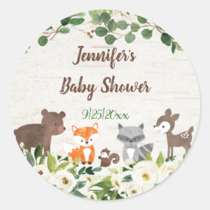 Sticker Rond Baby shower floral des animaux de forêt
