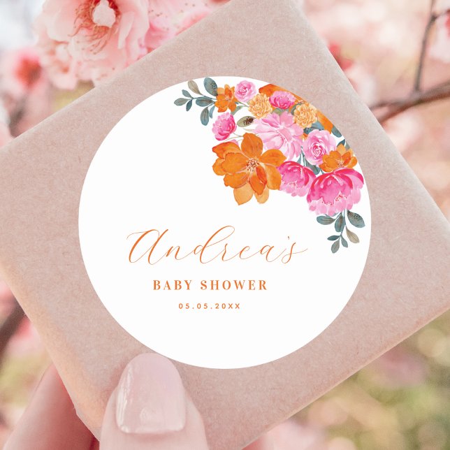 Sticker Rond Baby shower floral d'été rose et orange (Créateur téléchargé)