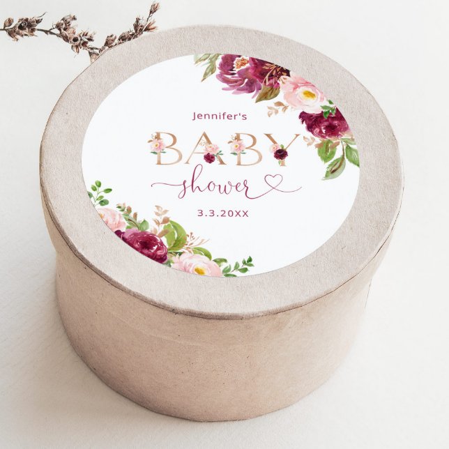 Sticker Rond Baby shower floral doré bordeaux automnal (Créateur téléchargé)