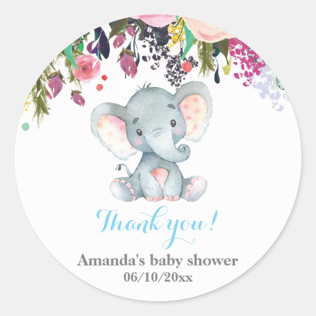 Sticker Rond Baby shower Floral Eléphant Merci bleu Favoriser (Devant)