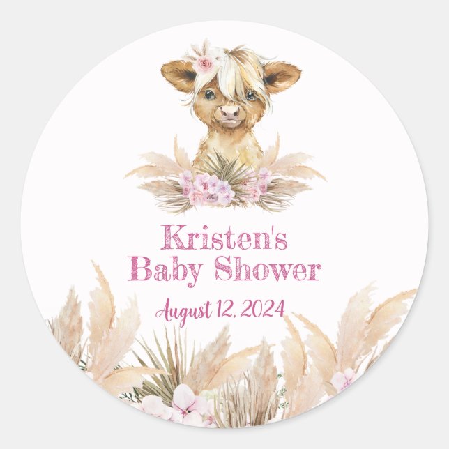 Sticker Rond Baby shower Floral Highland Cow (Devant)