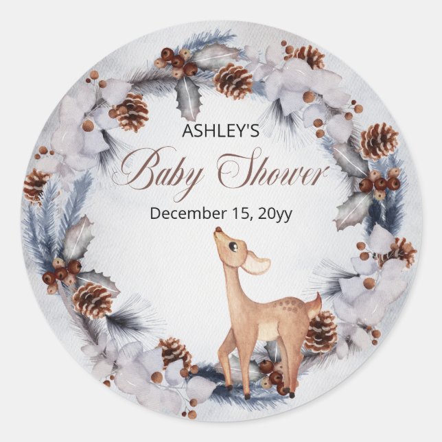 Sticker Rond Baby shower floral hivernal rustique de cerfs (Devant)