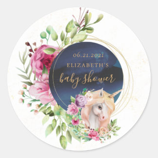 Sticker Rond baby shower floral magique de licorne