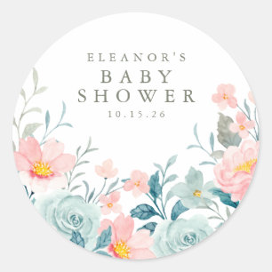 Sticker Rond Baby shower floral Pastel Turquoise rose