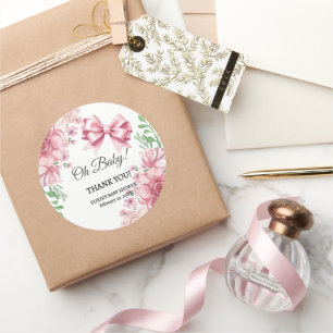 Sticker Rond Baby shower Floral Pink Bow
