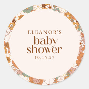 Sticker Rond Baby shower Floral Retro Terracotta Boho
