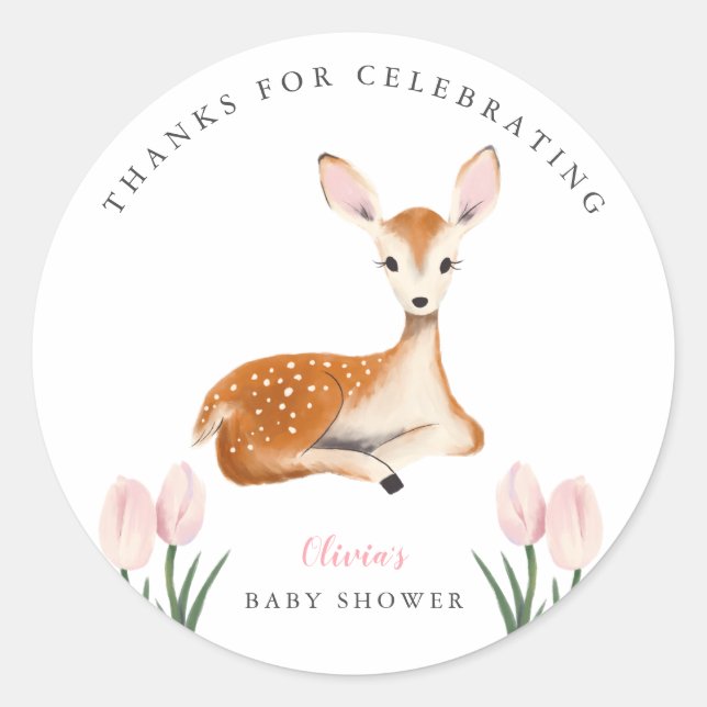 Sticker Rond Baby shower Floral rose cerf mignon (Devant)