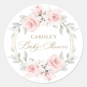 Sticker Rond Baby shower Floral rose or vert rose
