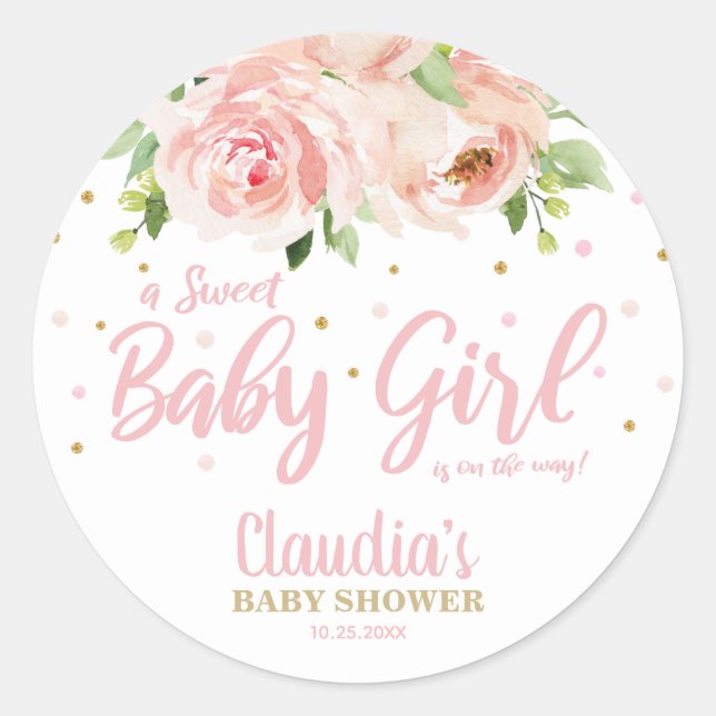 Sticker Rond Baby shower floral rose pâle Fille Merci Favoriser (Devant)