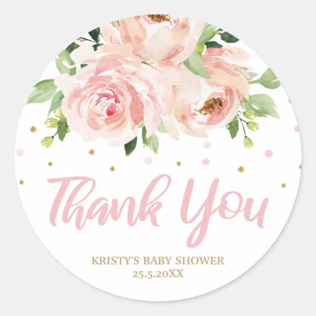 Sticker Rond Baby shower floral rose pâle Fille Merci Favoriser (Devant)