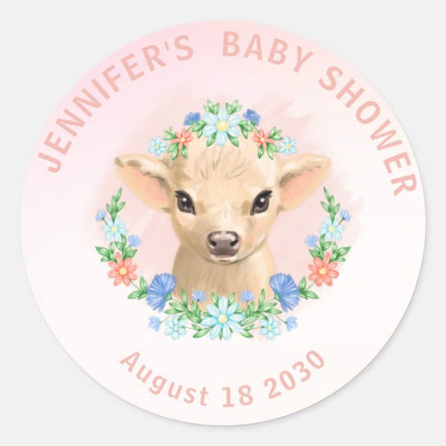 Sticker Rond Baby shower floral rose Vache mignon (Devant)