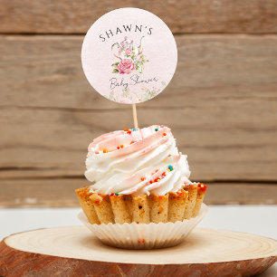 Sticker Rond Baby shower Floral Tea Party aquarelle