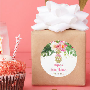 Sticker Rond Baby shower floral tropical à ananas