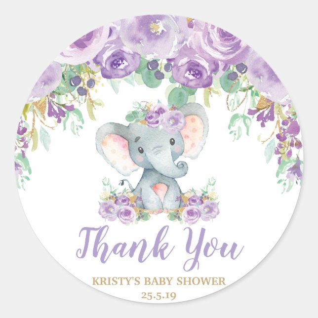 Sticker Rond Baby shower floral violet éléphant Merci Favoriser (Devant)