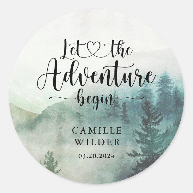Sticker Rond Baby shower Forest Mist Adventure Mountains (Devant)