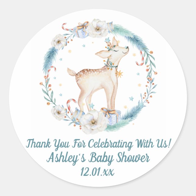 Sticker Rond Baby shower forestier hivernal mignon (Devant)