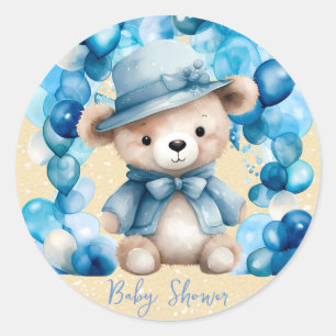 Sticker Rond Baby shower Garçon Bear Teddy Blue Arch Balloons