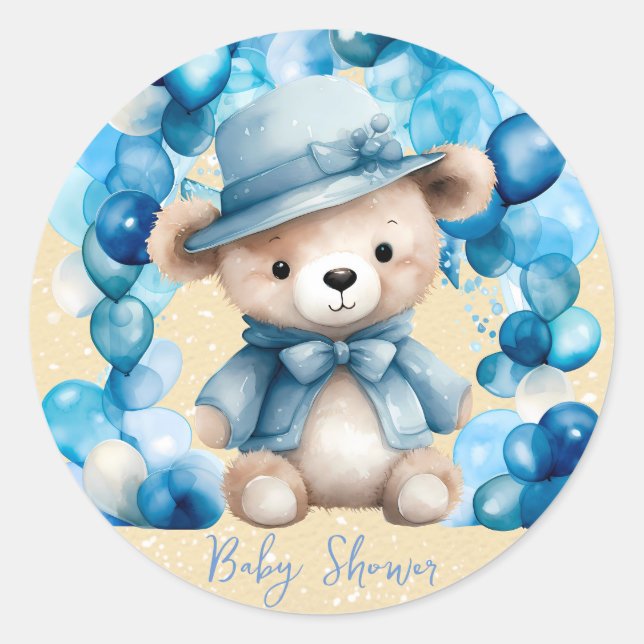 Sticker Rond Baby shower Garçon Bear Teddy Blue Arch Balloons (Devant)