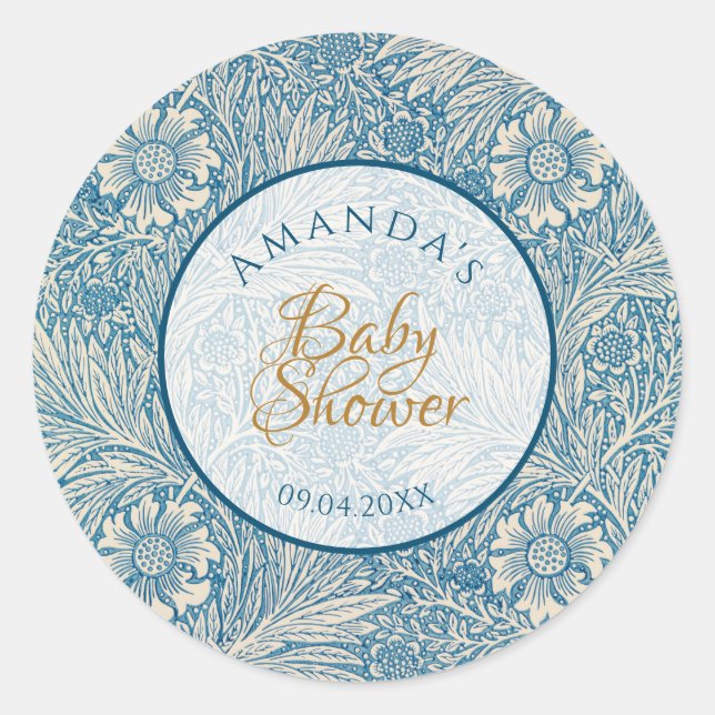 Sticker Rond Baby shower Garçon Bleu Script Floral Marigold Mor (Devant)
