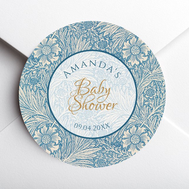Sticker Rond Baby shower Garçon Bleu Script Floral Marigold Mor (Créateur téléchargé)