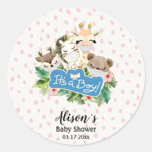 Sticker Rond Baby shower garçon   Cute Gold Safari animaux amis
