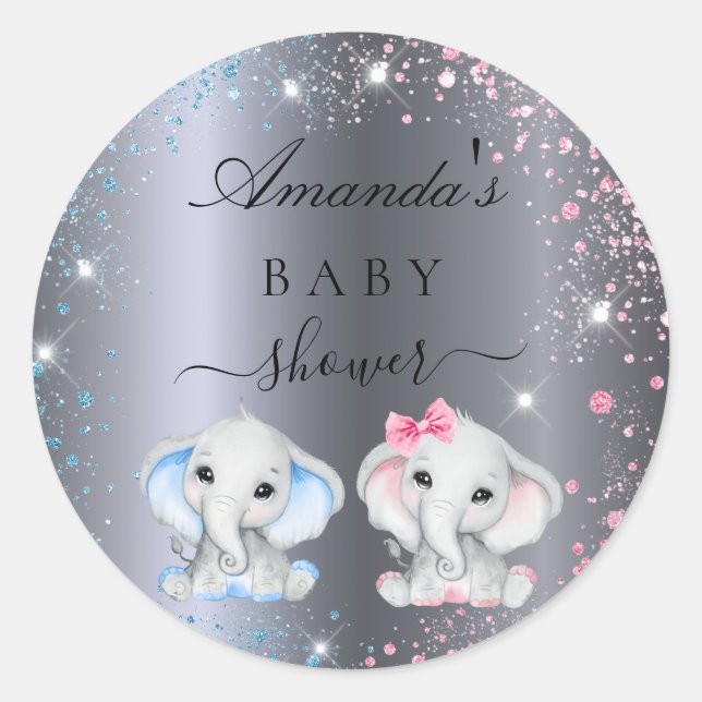Sticker Rond Baby shower garçon fille bébé éléphants argent (Devant)
