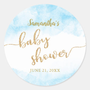 Sticker Rond Baby shower Garçon Parties scintillant Gold Blue 