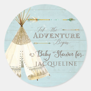 Sticker Rond Baby shower garçon Teepee BOHO Bohemian Adventure