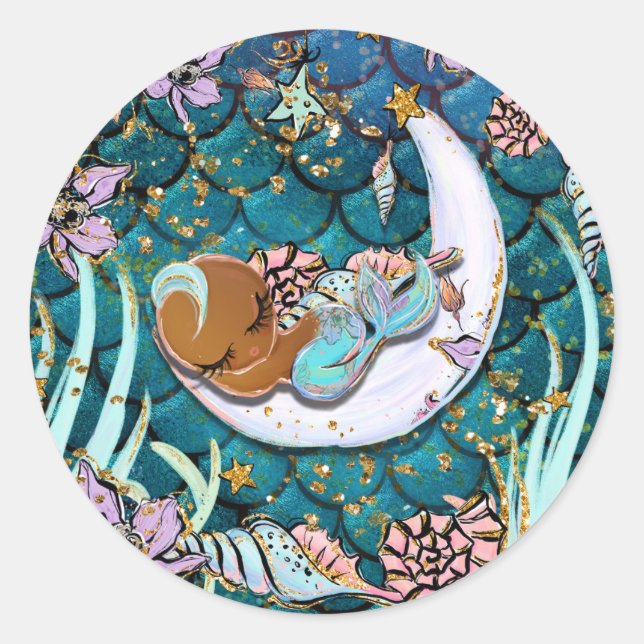 Sticker Rond Baby shower Glam Dark Mermaid Gold Parties scintil (Devant)