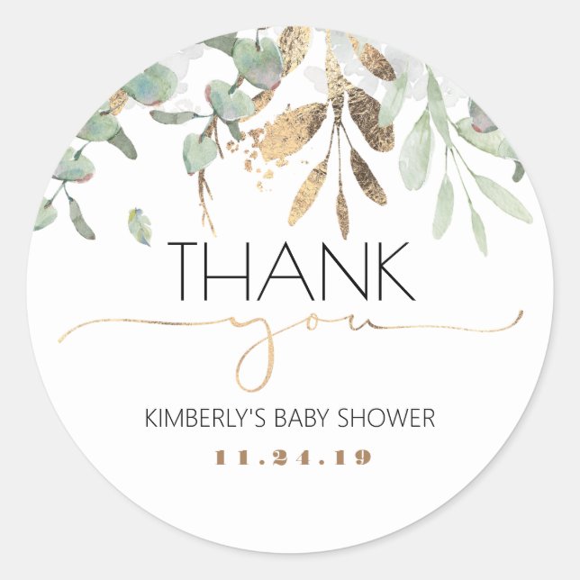 Sticker Rond Baby shower Gold Greenery (Devant)