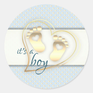 Sticker Rond Baby shower Golden Baby Boy Footprints and Hearts