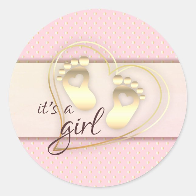 Sticker Rond Baby shower Golden Baby Girl Footprints and Hearts (Devant)