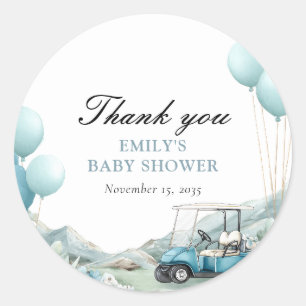 Sticker Rond Baby Shower Golf Let's Par-tee Bleu