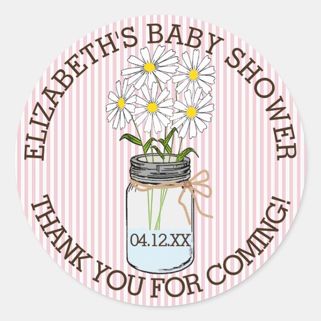 Sticker Rond Baby shower Grilles rose et blanc Mason Jar (Devant)
