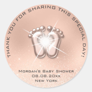 Sticker Rond Baby shower Heart Feet Favoriser Cadeau Merci Rose