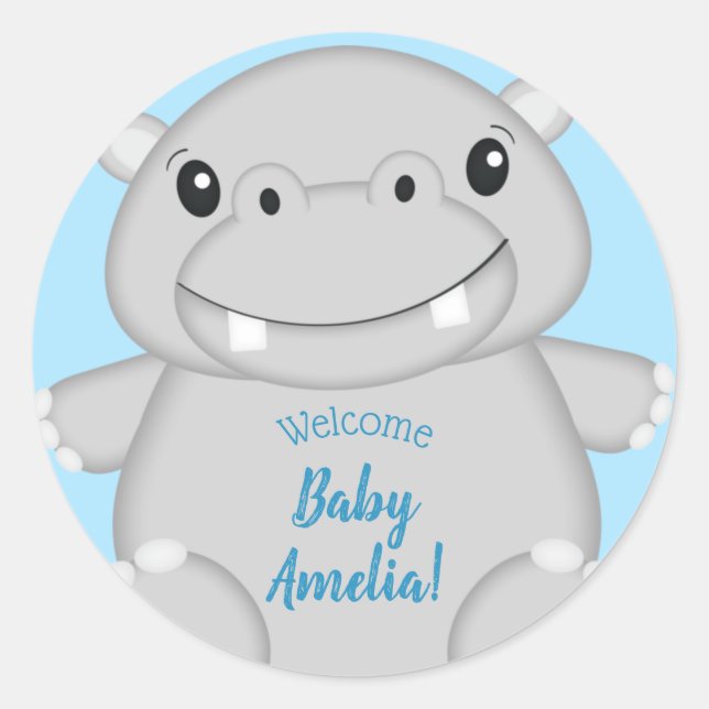 Sticker Rond Baby shower Hippo bleu (Devant)