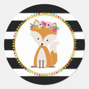 Sticker Rond Baby shower inspiré par Boho Fox Striped Pompom