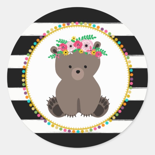 Sticker Rond Baby shower inspiré par l'ours de Boho rayé Pompom (Devant)