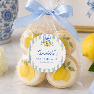 Sticker Rond Baby Shower Italien Amalfi Citron Bleu Rayé