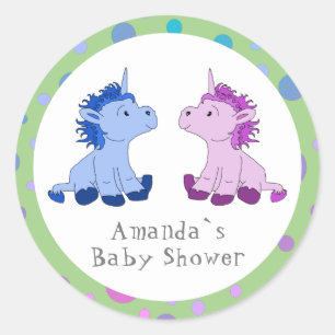 Sticker Rond Baby shower jumeau rose Unicorn