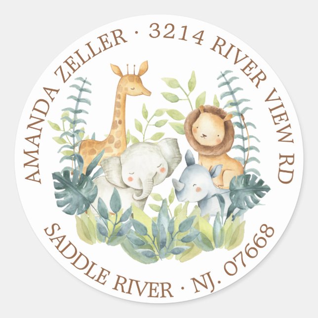 Sticker Rond Baby shower Jungle Animaux Adresse de retour Label (Devant)